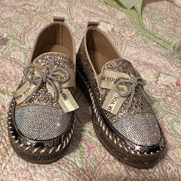 Source Unknown Shoes - Glittering Rhinestone and Gold Loafers